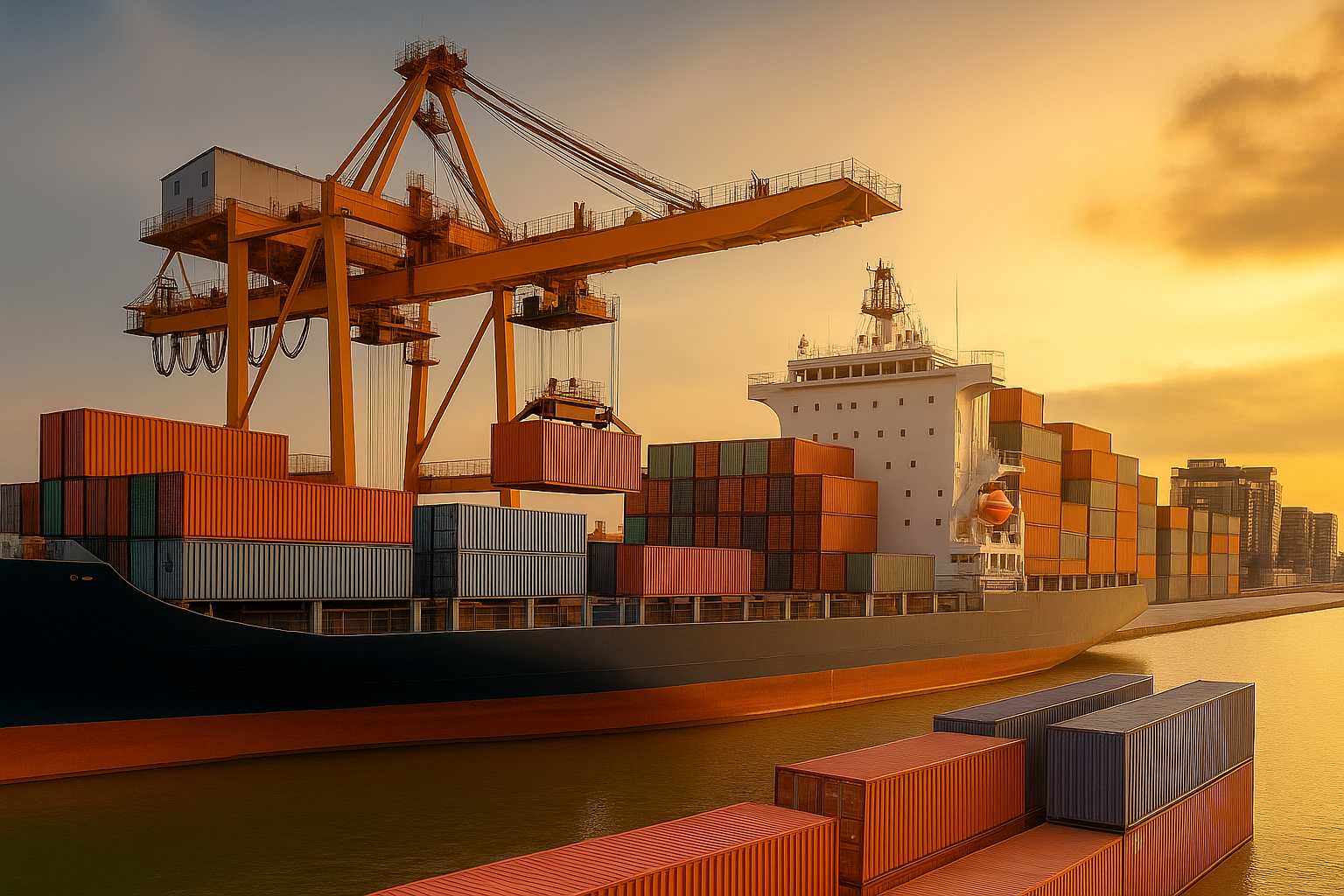 Buque portacontenedores y grúas portuarias al atardecer